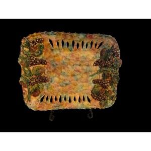Handmade Mexican pottery Platter Nellado GTO.Mexico. Raised grapes leaves Signed